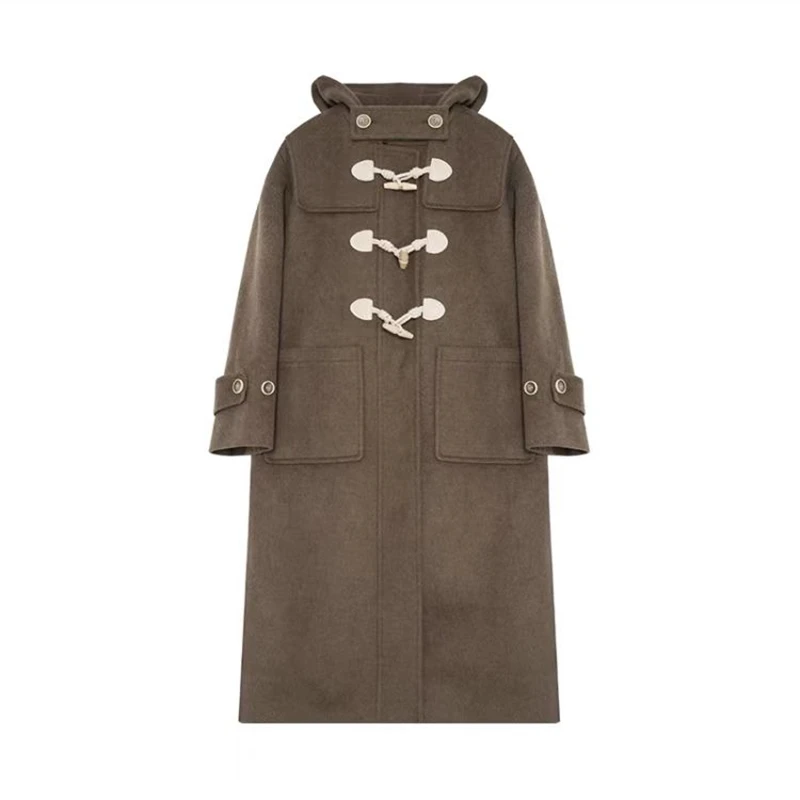 

Solid Color Vintage Horn Button Hoodie Woolen Coat Womens Winter College Style Simple Basic Long Sleeve Mid Length Jacket Female