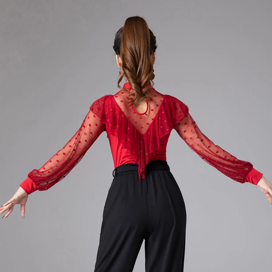 Топ для латиноамериканских танцев женское Кружевное боди с рукавами женская