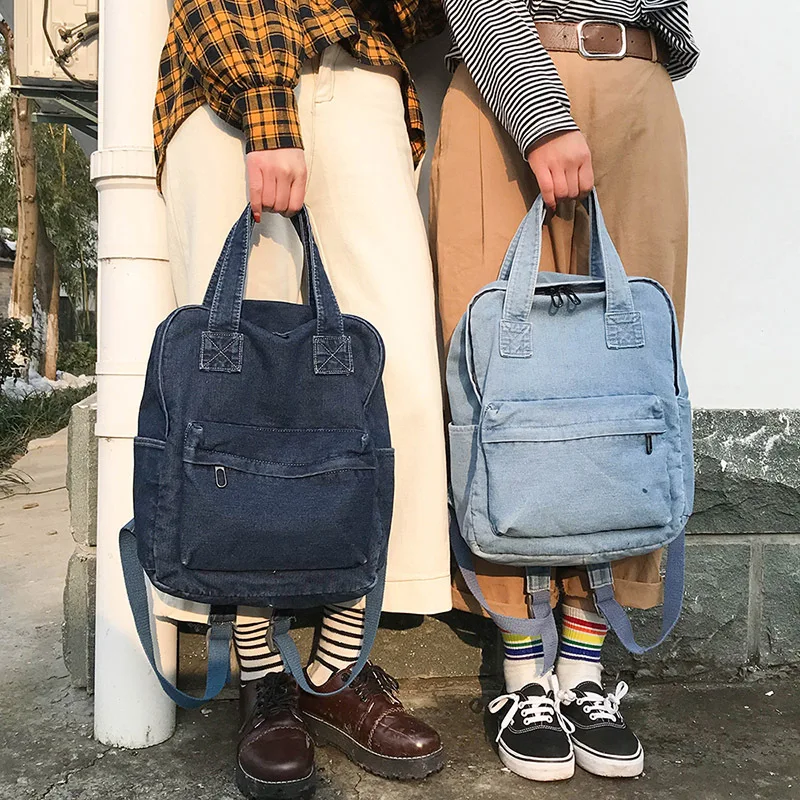 

Denim Shoulder Backpack Japanese Harajuku Solid Color Preppy Style School Books Bags College Student Kid Rucksack