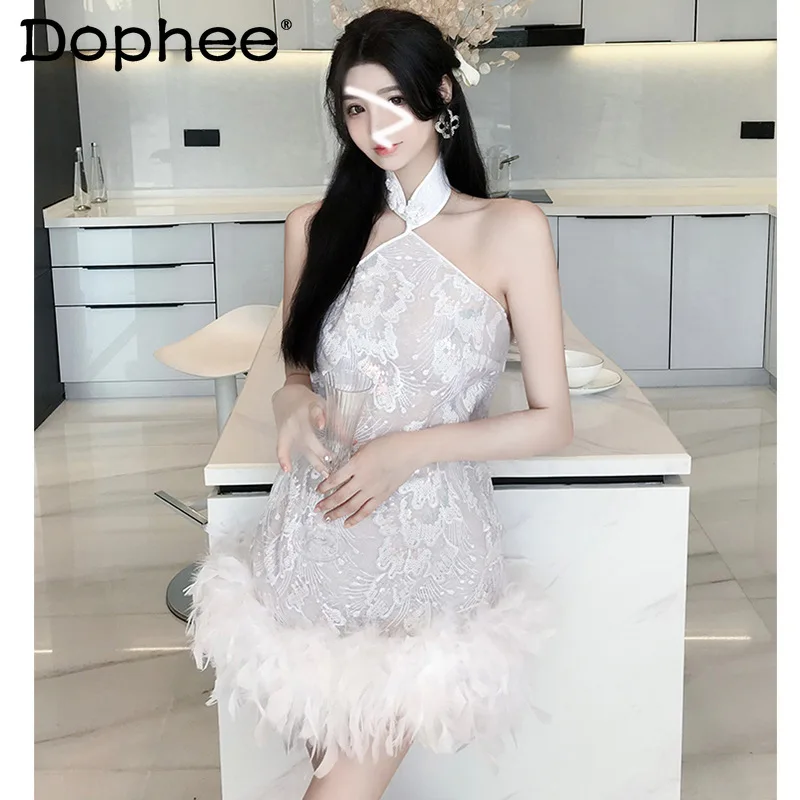 

Fashion Embroidery Sequined Feather Plush Fairy Short Dress Women 2022 Summer New Sexy Halter Backless Tassle White Puffy Dress