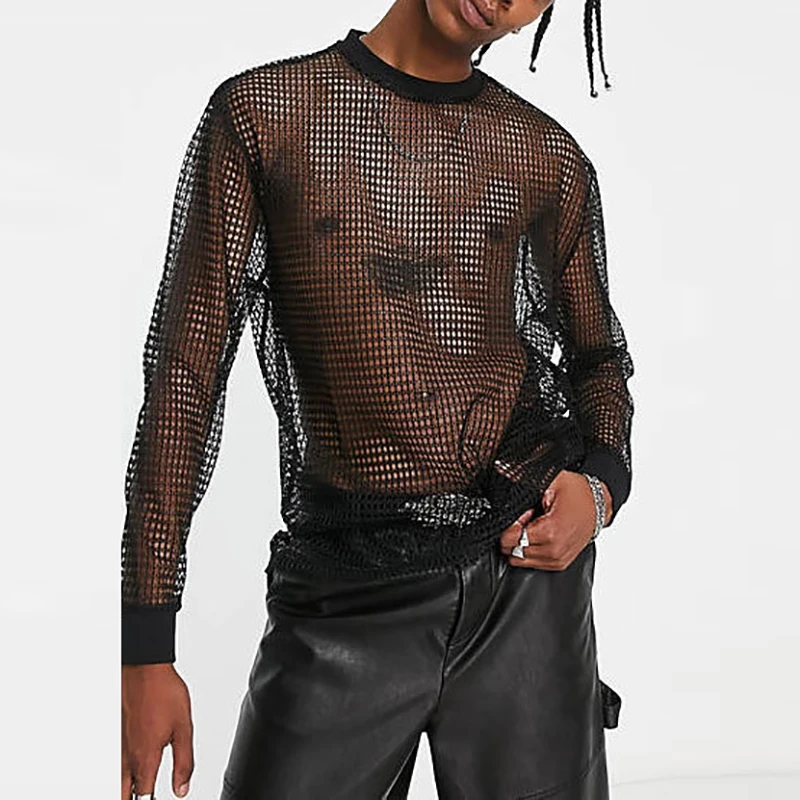 

Футболка мужская прозрачная сетчатая, с длинным рукавом и круглым вырезом