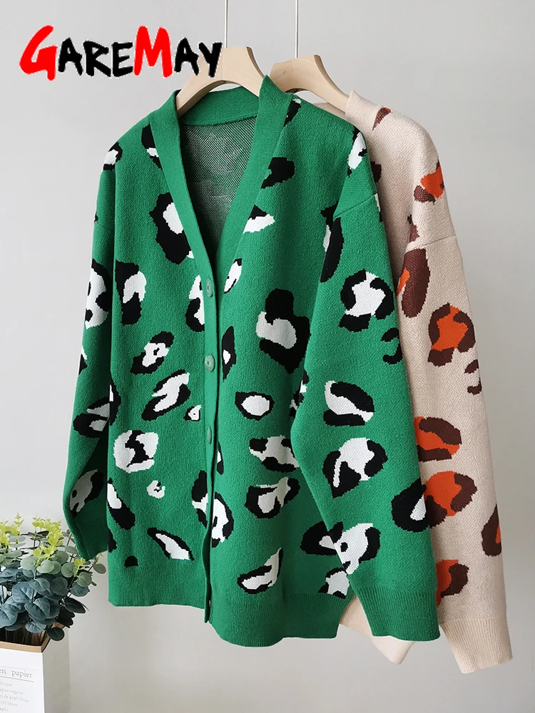 Зимний бежевый кардиган с леопардовым принтом Женская куртка пуговицами