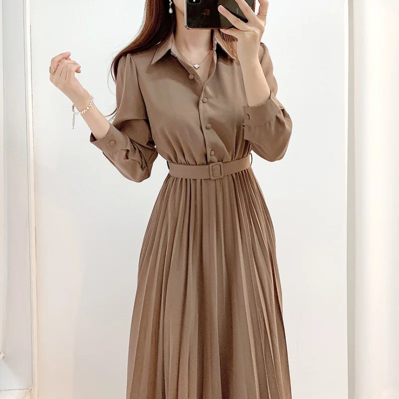 Elegant Korean Clothes Newest Long Sleeved Lapel Shirts Pleated Dresses Women Long Dress Femme Fashion Office Worker Clothing