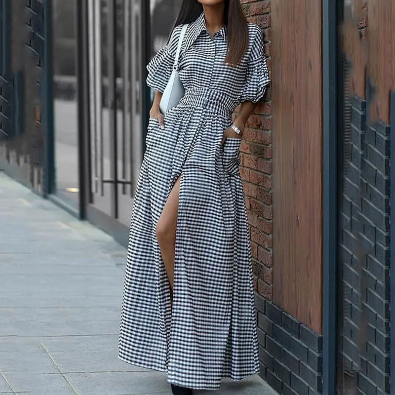 

2023 Summer New Fashion Plaid Leisure POLO Neck Split Dress