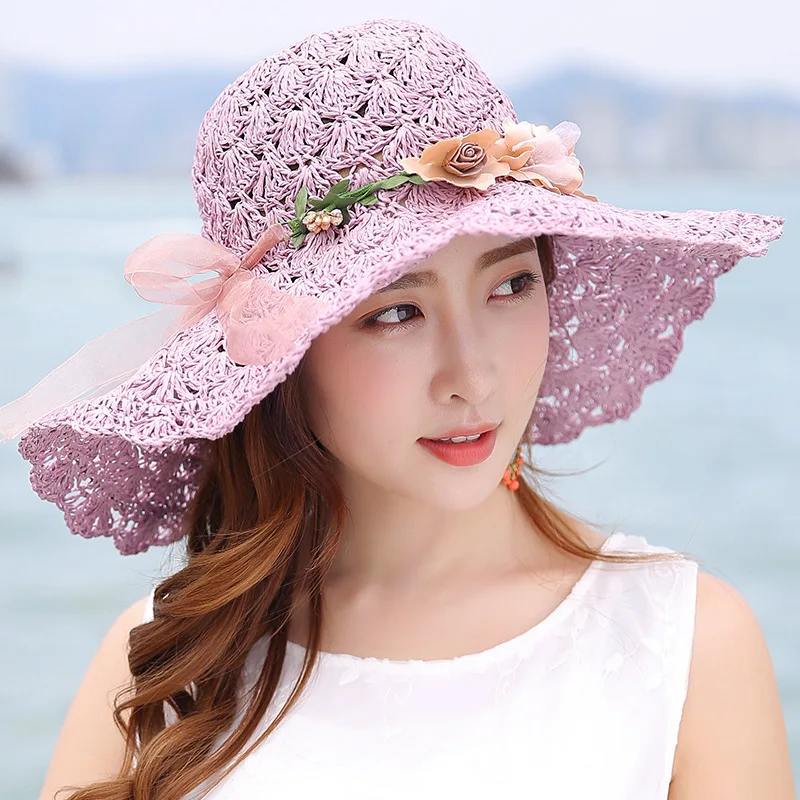 

Summer Flower Raffia Bow Sunscreen Hat Women Sweet Charm Straw Crochet Large Brimmed Hats Beach Seaside Folding Cap