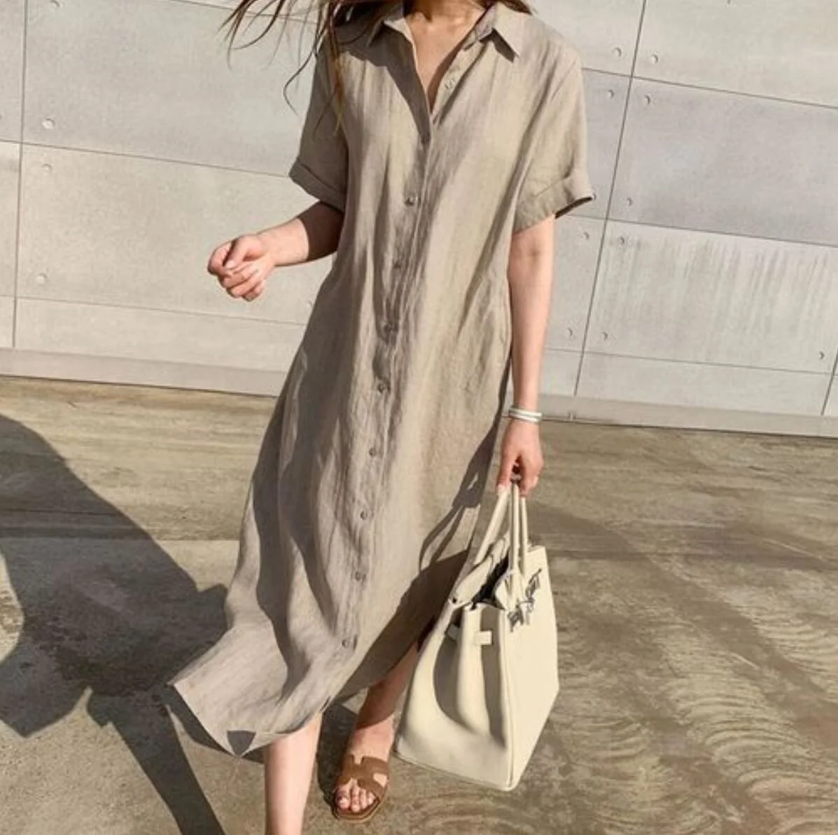 

2023 Summer Women Korean Fashion Loose Dress Lace Up Single Breasted Short-sleeved Linen Shirt Dresses For Women