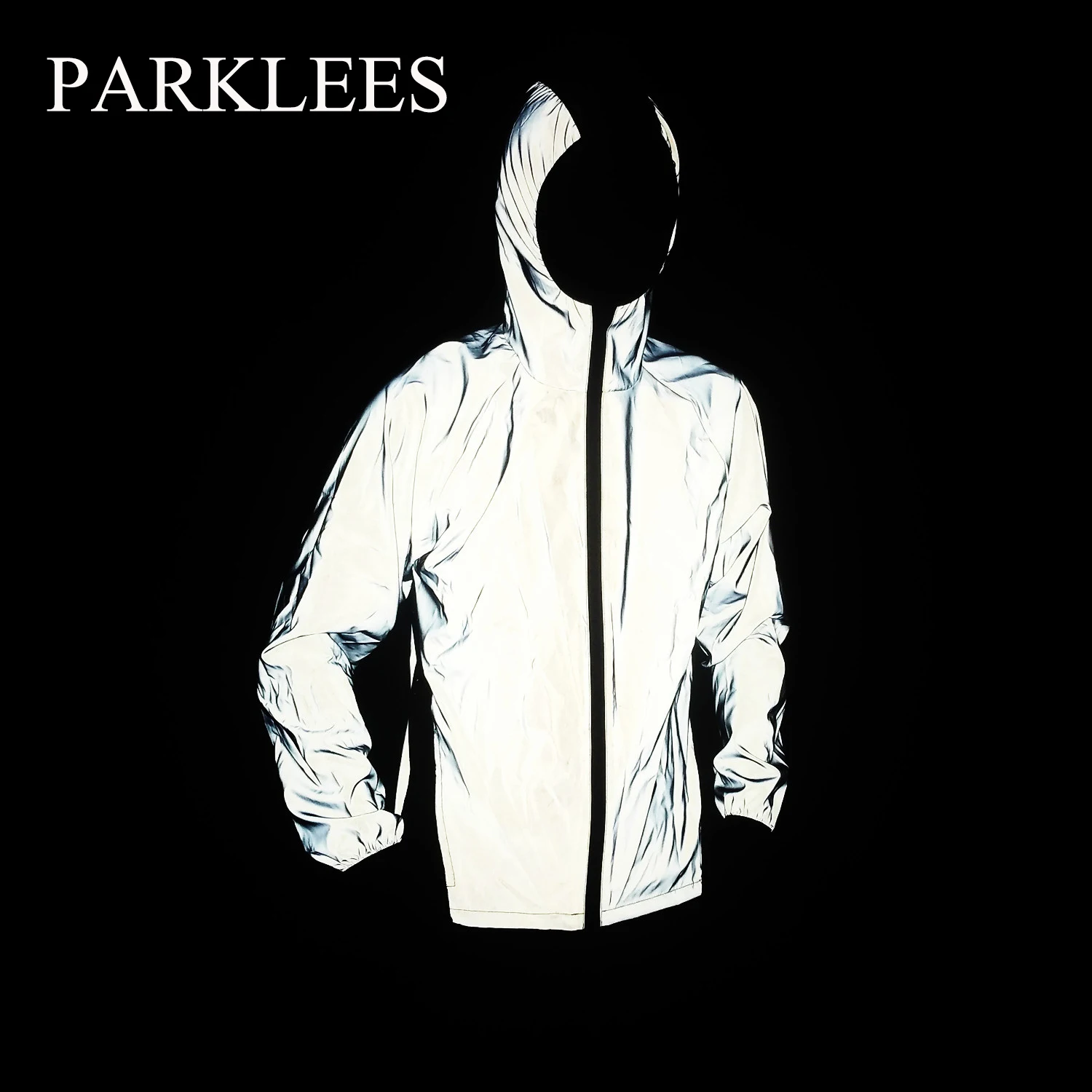 

Parklees Mens Patchwork Reflective Cycling Jacket Fashion Fluorescent Hooded Zipper Coat Night Sporting Running Chaquetas Hombre