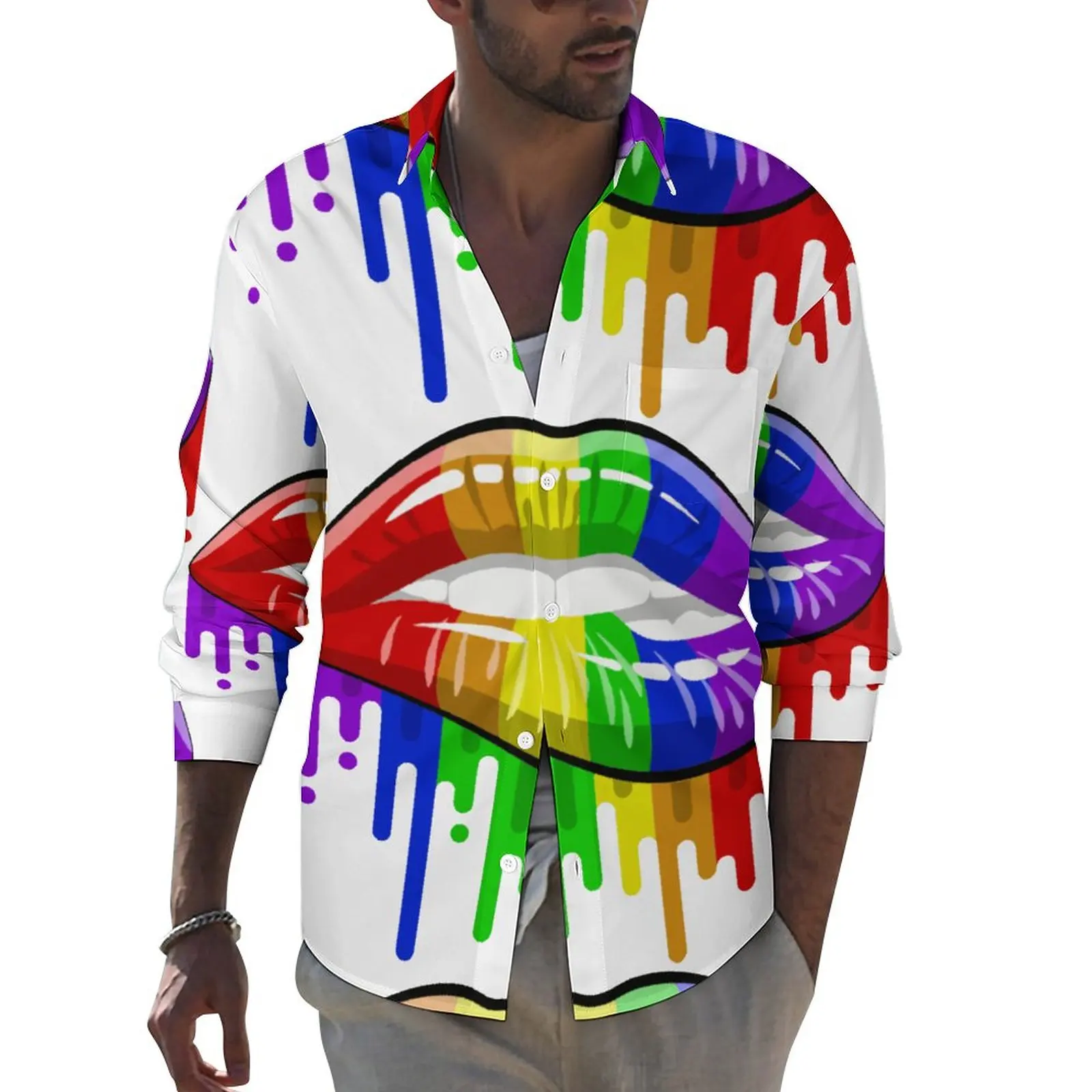 

LGBT Lips in Rainbow Flag Colours Shirt Spring Pride Casual Shirts Male Vintage Blouses Long Sleeve Graphic Stylish Clothing