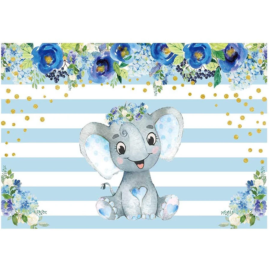

Blue Floral Elephant Birthday Party Backdrop Striped Flowers for Boy Baby Shower Photography Background Watercolor Table Banner