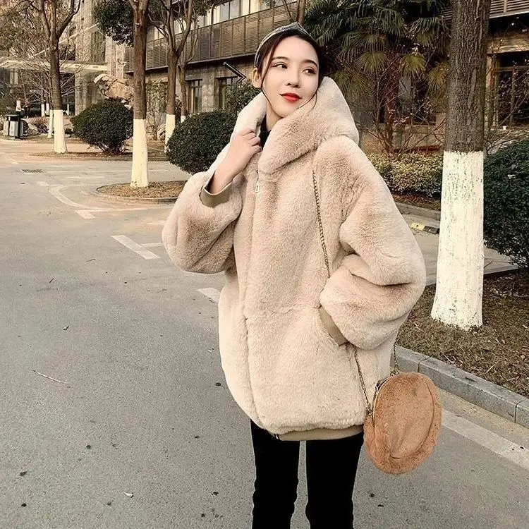 Fluffy Thick Warm Winter Jackets Comfy  Faux Rabbit Fur Coat Women Fashion Hooded Fur Jacket Coats Beige Outwear High Quality