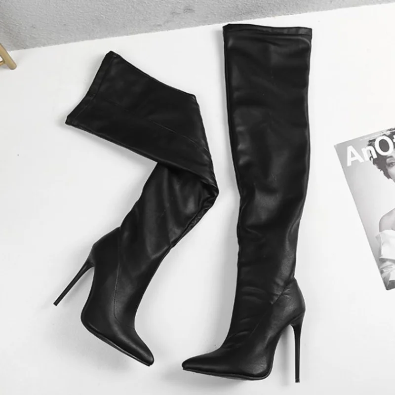 Black Leather Thigh High Boots 2023 New High Quality Women Shoes Sexy Thin Heel Pointed Toe Over The Knee Boots Lady