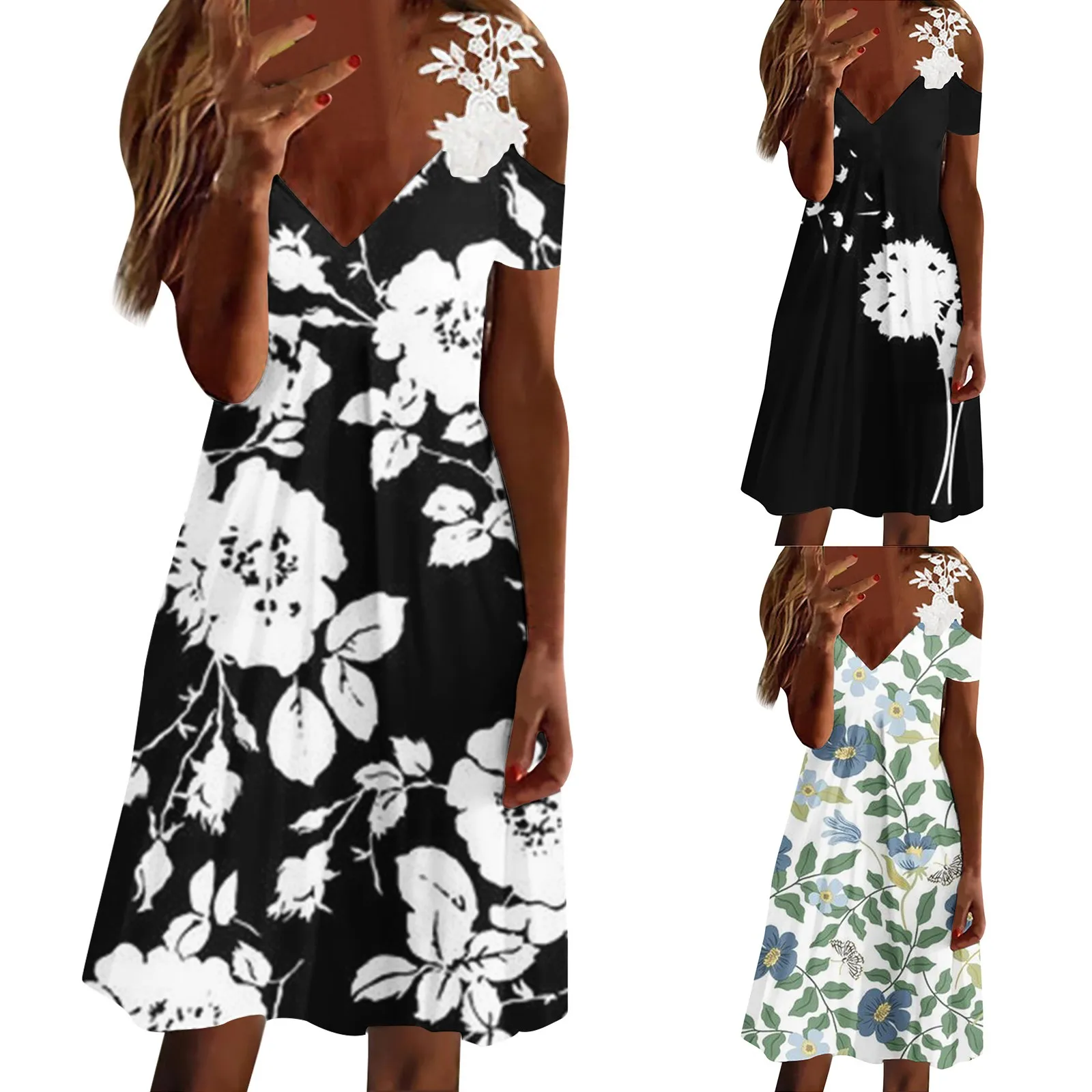 

Женское кружевное платье с цветочным принтом, Повседневное платье на бретельках с коротким рукавом, Пляжное Платье