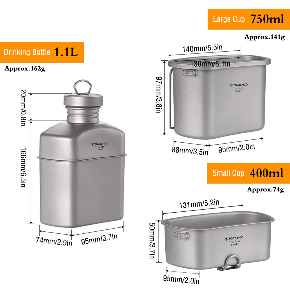 

TOMSHOO 1100ml + 750ml + 400ml Titanium Water Bottle Outdoor Canteen Cups Set Ultralight Cooking Set Camping Cookware Kettle Set