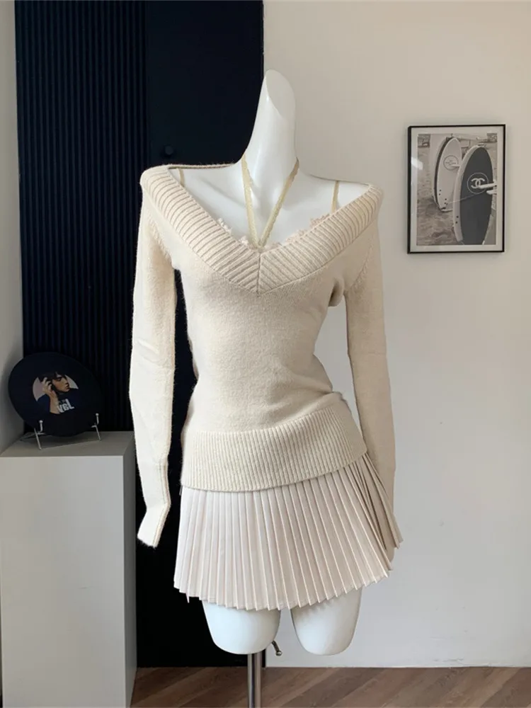 Sister Gao Zhi Вязаный свитер с v-образным вырезом Женская плиссированная юбка