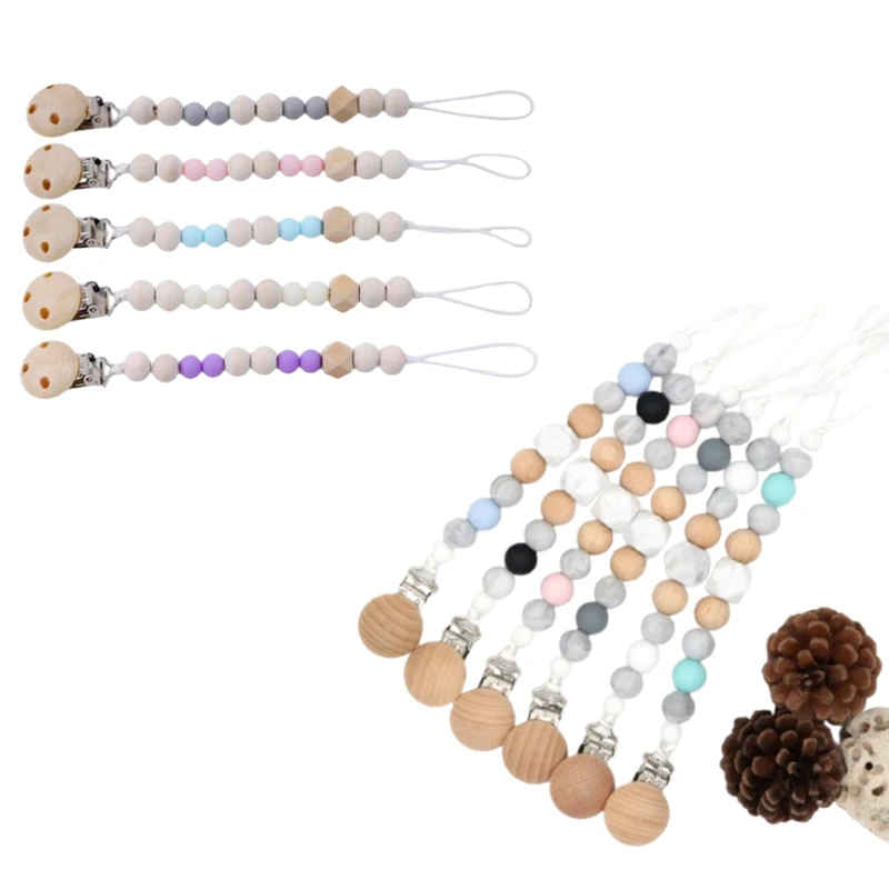 

Baby Soothing Teether Wooden Beads Pacifier Clip Food Grade Silicone Wooden Nipples Anti-drop Chain for Newborn Children Stuff