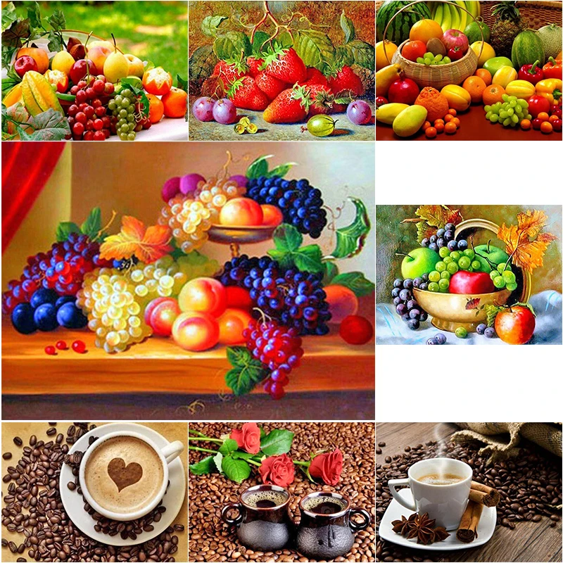 

5D DIY Diamond Painting Fruit Full Round Diamond Embroidery Coffee Flower Picture Diamond Mosaic Rhinestone Kitchen Decor Gift