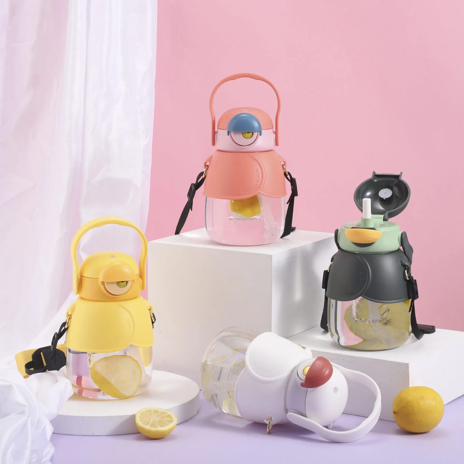 

Lovely Large Belly Cup with Strap Sports Water Bottle with Straw Portable Large-capacity Kettle Children Girls Drinkware 1000ML