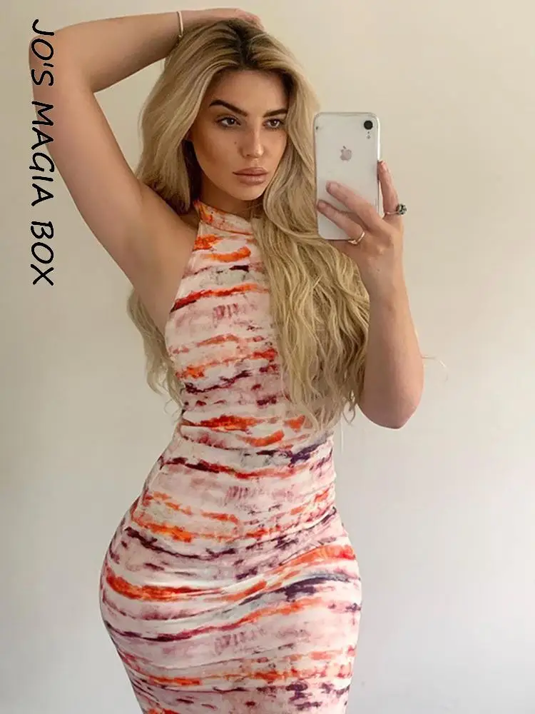 

Jo's Magia Box Print Backless Bodycon Sexy Elegant Women's Maxi Dress 2022 Summer Y2K Sleeveless O Neck Party Club Women Dresses