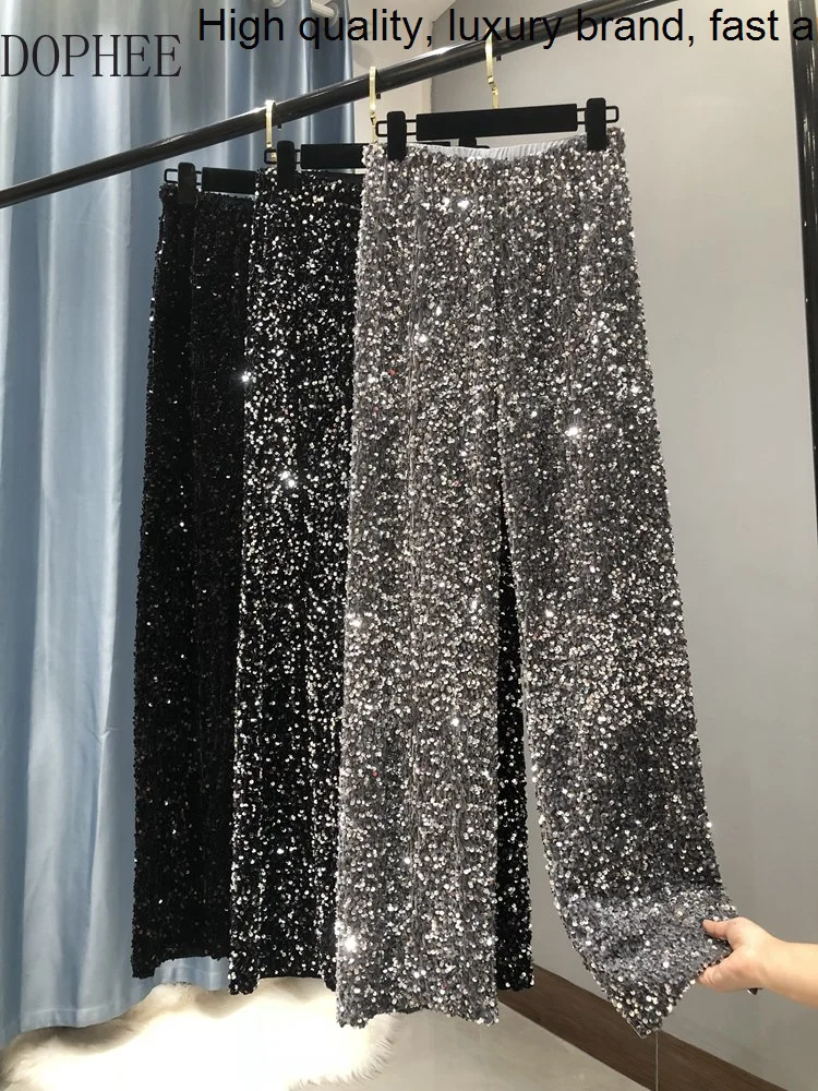 

New Autumn 2023 Winter Thicken Velvet Sequins Wide Leg Long Trousers Floor-length Sparkling Elastic High Waist Straight Pants
