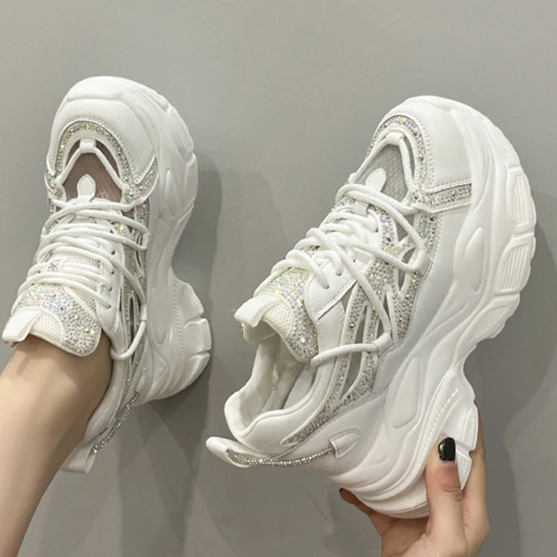 8CM Air Mesh Women Summer Rhinestones Shoe Platform Sneakers Soft Sole Chunky Heel Women Fashion Breathable Sneakers Woman Shoes