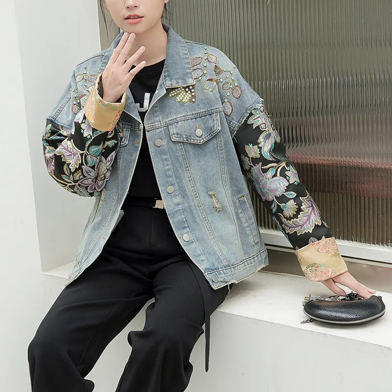Женская джинсовая куртка в китайском стиле однобортная винтажная пэчворк с