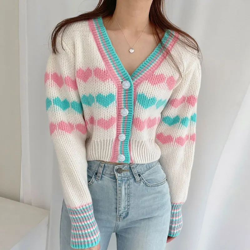 

Sweet Knitted Cardigan Woman V Neck Rainbow Love Stripe Loose Long Sleeve Sweater Women Single-breasted Crop Top Dropshipping