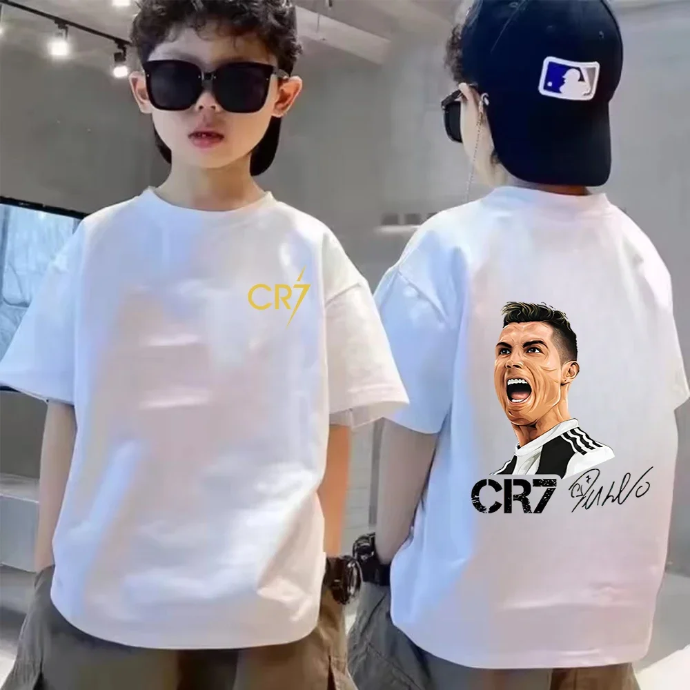 Фото Летняя хлопковая детская футболка CR7 Ronaldo, дышащая, повседневная, модная, с коротким рукавом, для мальчиков, одежда в стиле кумира, спортивная футболка для малышей №3