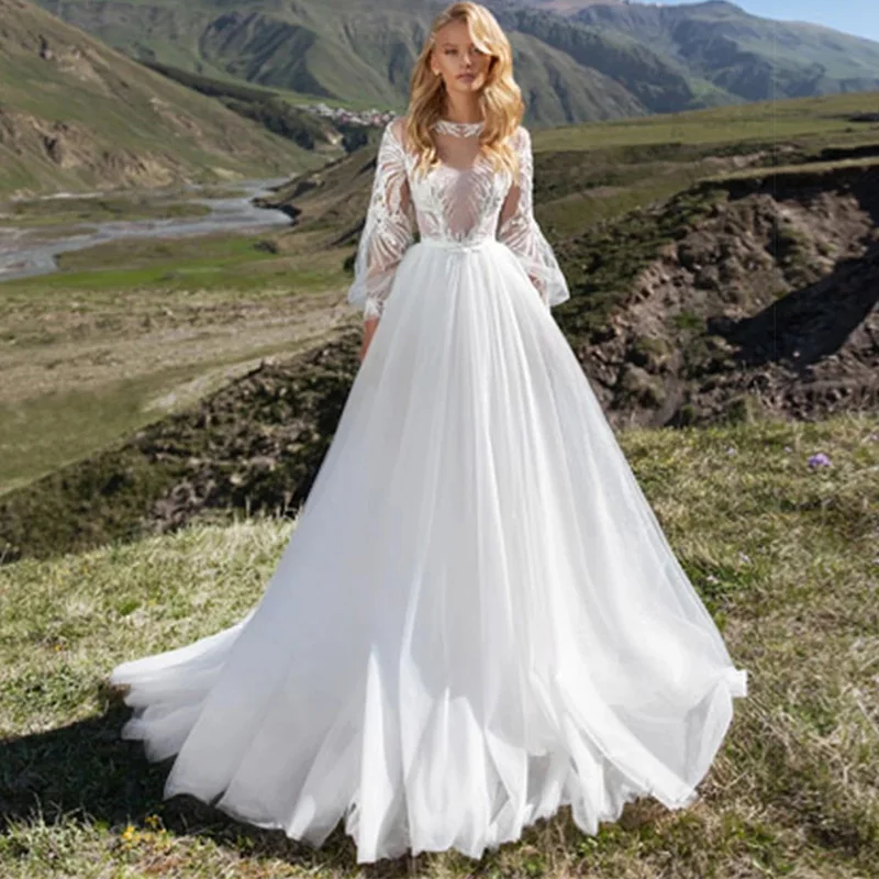 

Элегантное свадебное платье с длинными рукавами-фонариками, овальным вырезом и открытой спиной, женское платье со шлейфом