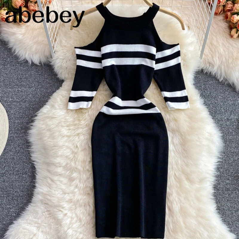 

Женское трикотажное платье в полоску, повседневное облегающее платье выше колена с открытыми плечами, лето 2022