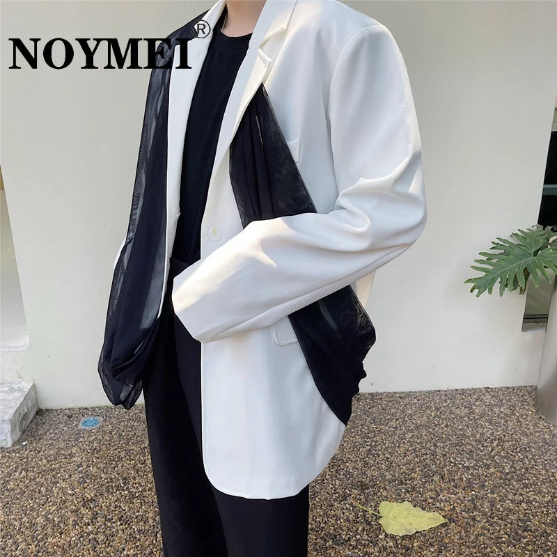 

NOYMEI Male Blazer New Fashion Mesh Splice Suit Coat French Style Personalized Patchwork Turn-down Collar Men 2023 Autumn WA698