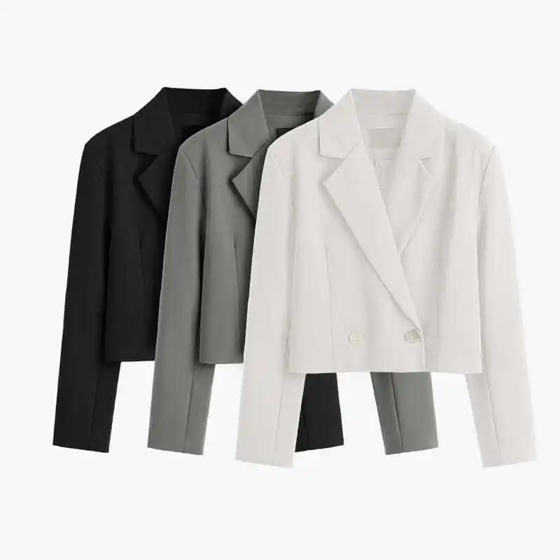 Fashion Women Elegant Short Blazer Casual Office Work Vintage Solid Color Long Sleeve Notched Collar Double Breasted Jacket