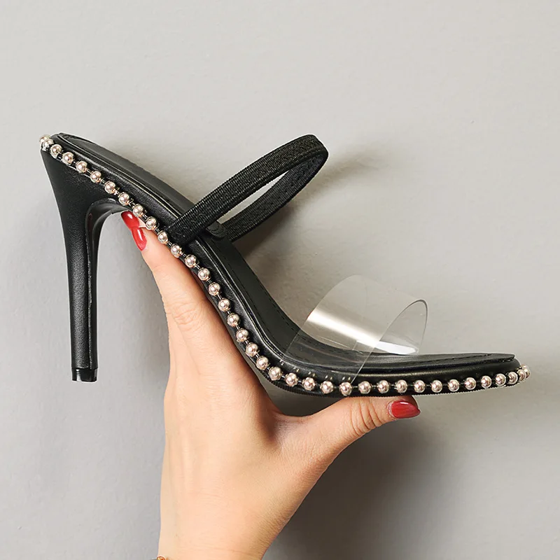 

Новинка 2021, женские прозрачные черные туфли на шпильке и высоком каблуке с бусинами
