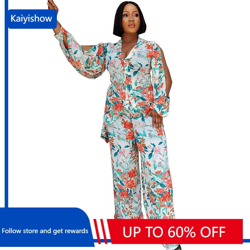 

African Clothes for Women Summer Elegant African Long Sleeve V-neck Polyester Printing 2 PCS Sets Top Long Pant Matching Set