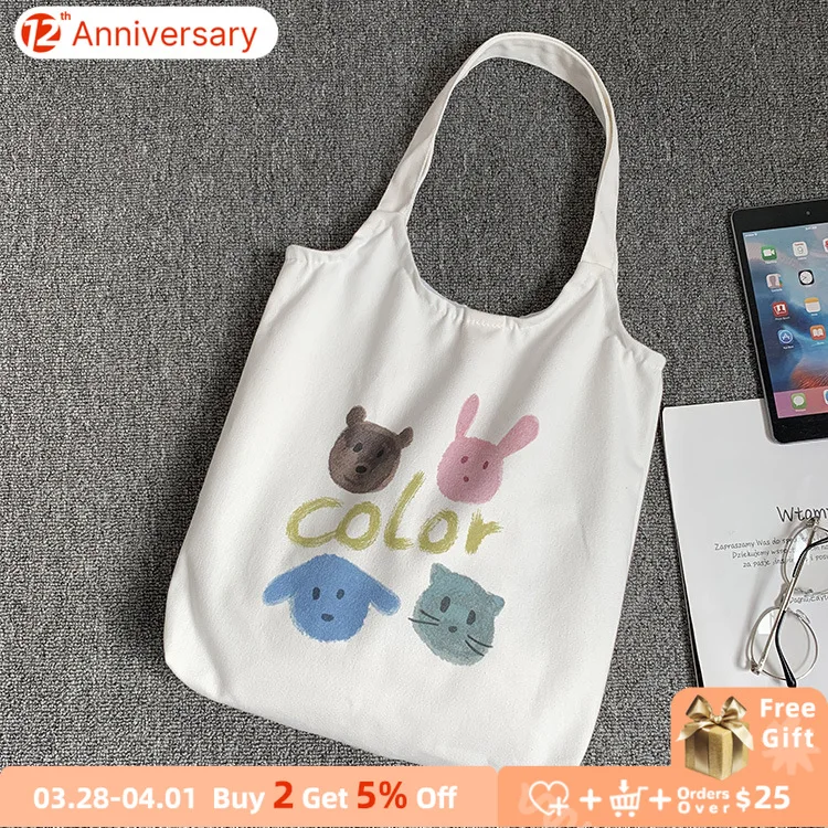 

Casual Women Canvas Vest Handbags Cute Animal Print Cotton Canvas Girls School Books Trip Bag Ladies Large Foldable Shopping Bag