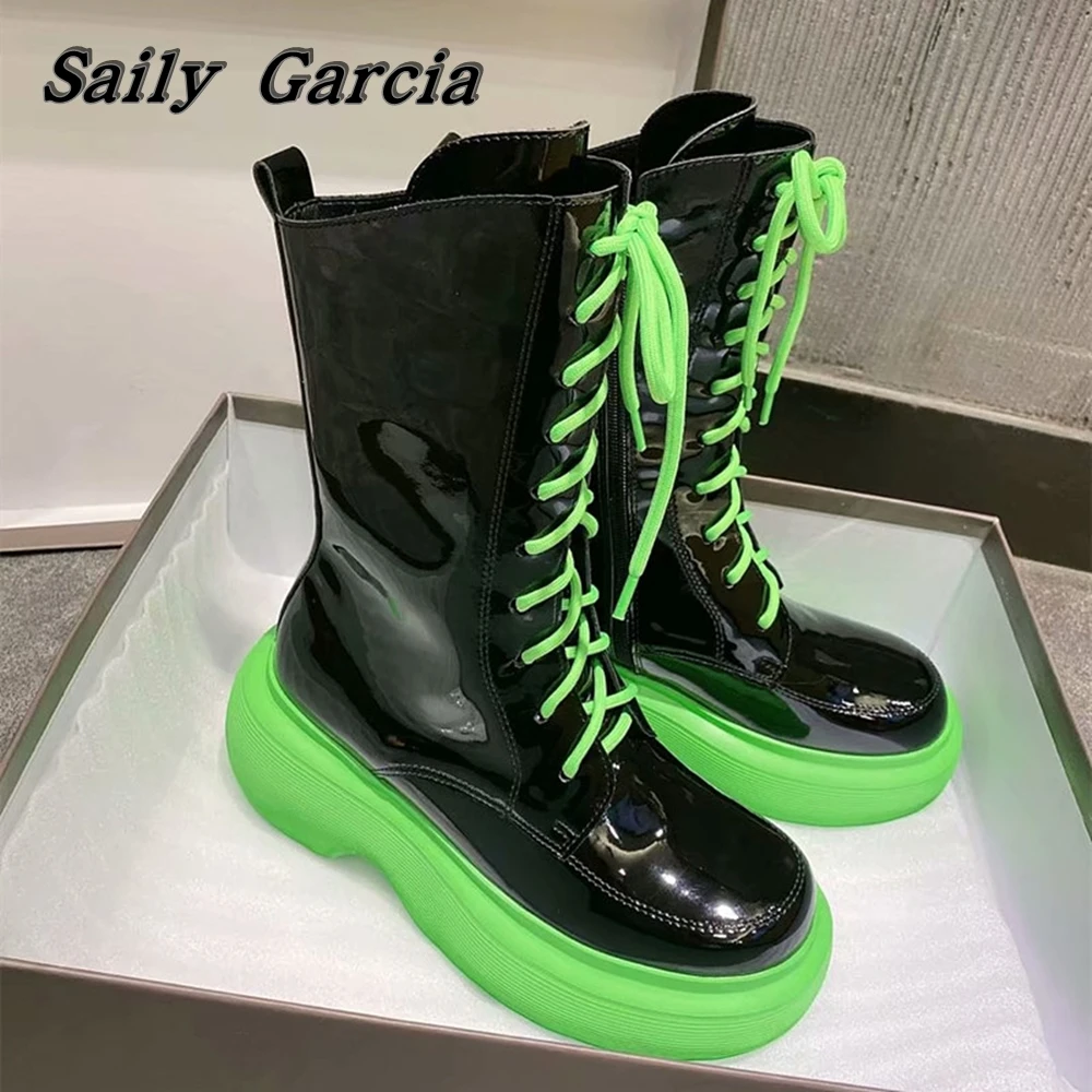 

Женские мотоциклетные ботинки на толстой флуоресцентной зеленой подошве, с круглым носком, на шнуровке, в стиле панк, женские ботинки из микрофибры, разноцветная обувь, 2023