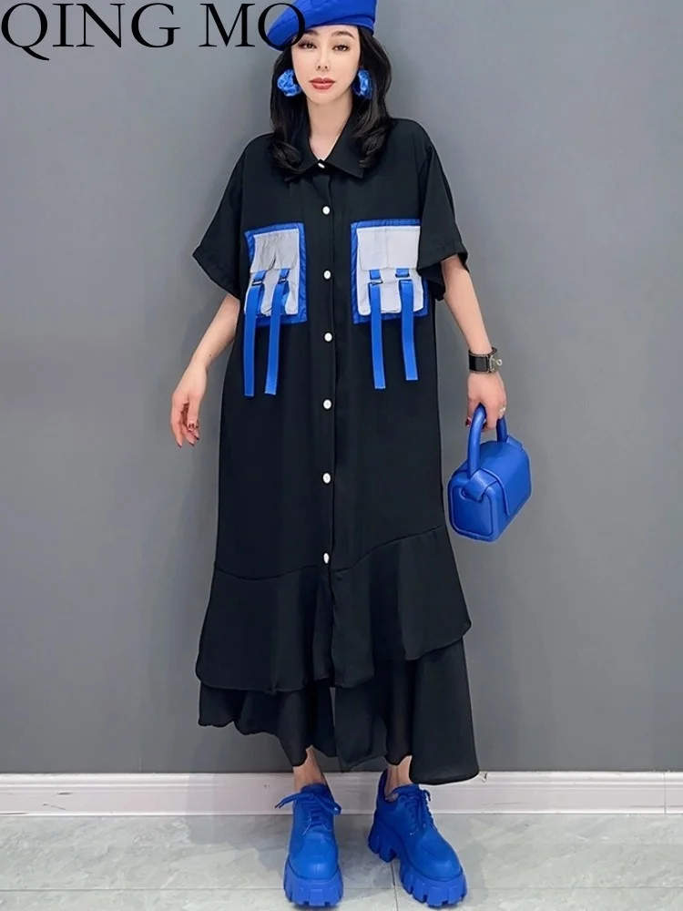 QING MO 2023 Summer New Fashion Casual Versatile Polo Neck Shirt Dress Women Half Sleeve Medium Length Black ZXF2098
