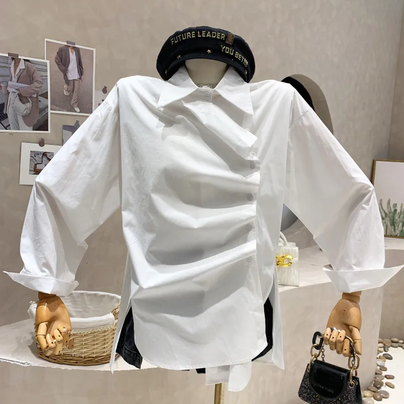 

New Women's Clothing 2022 Summer White Long Sleeve Shirt V-Neck long sleeve loose side button top shirt blusa feminina