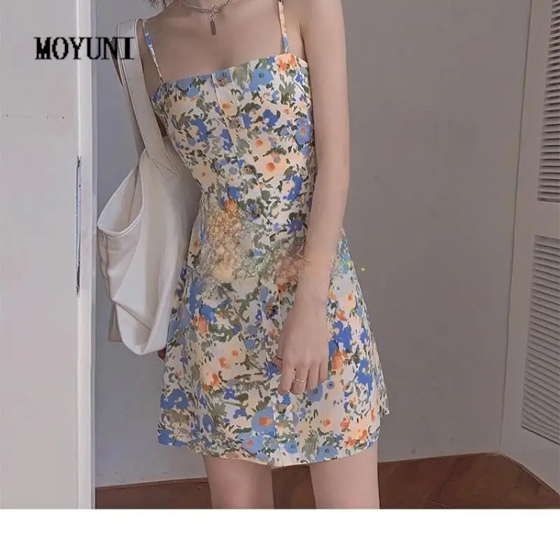 

Summer Floral Print Strap Dress Women Elegant Backless Designer Cute Dress Female Kawaii Casual Beach Sexy Party Mini Dress 2021