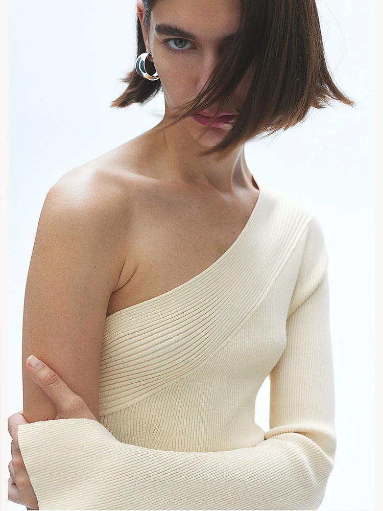 

HM2023 Summer Fashion New Casual Comfortable Rib Knit One Shoulder Sleeve Dress Women Evening Dress
