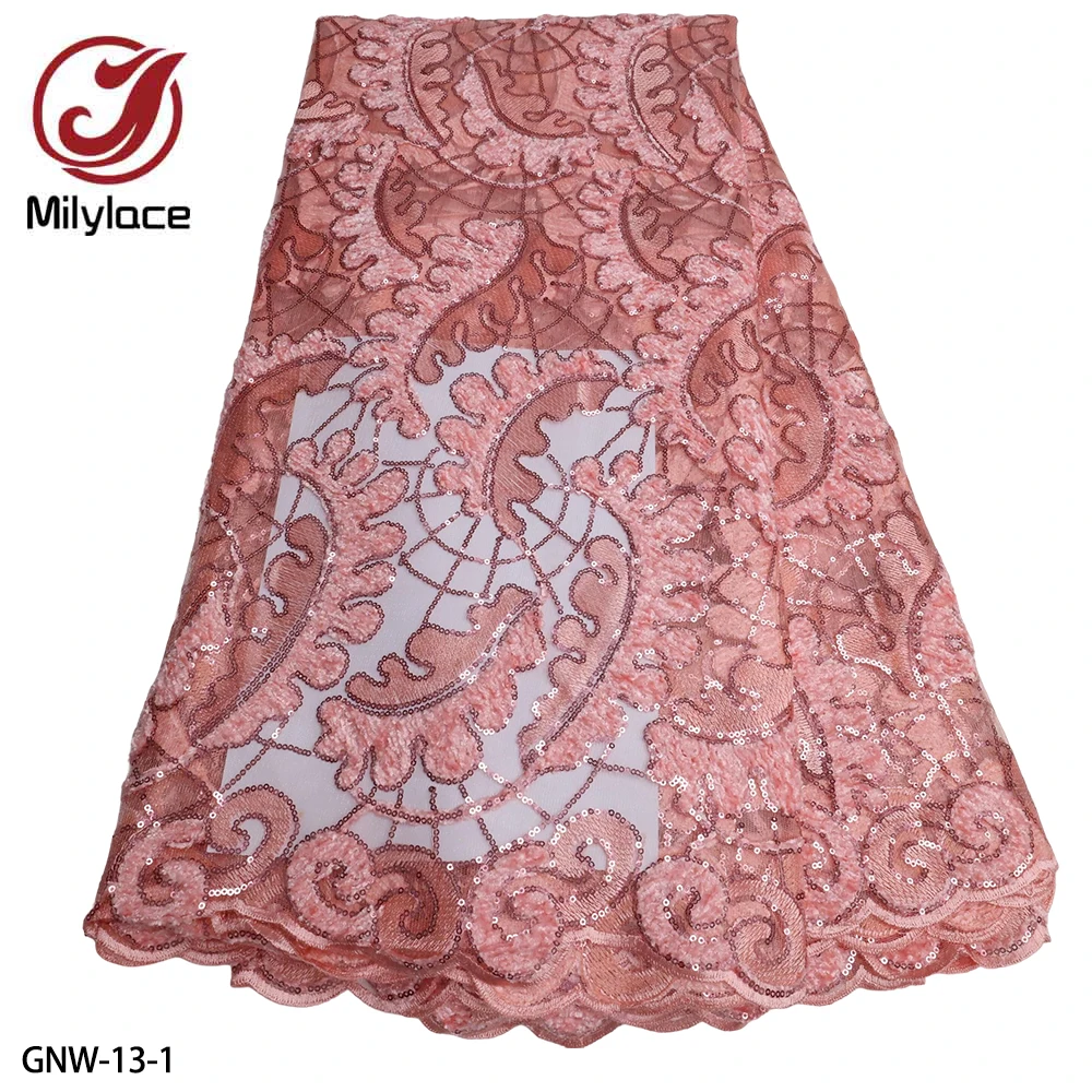 

French Sequin Tulle Lace Fabric Hot Sale Nigerian Mesh Lace Fabric 5Yards African Lace Fabric for Wedding Party GNW-13