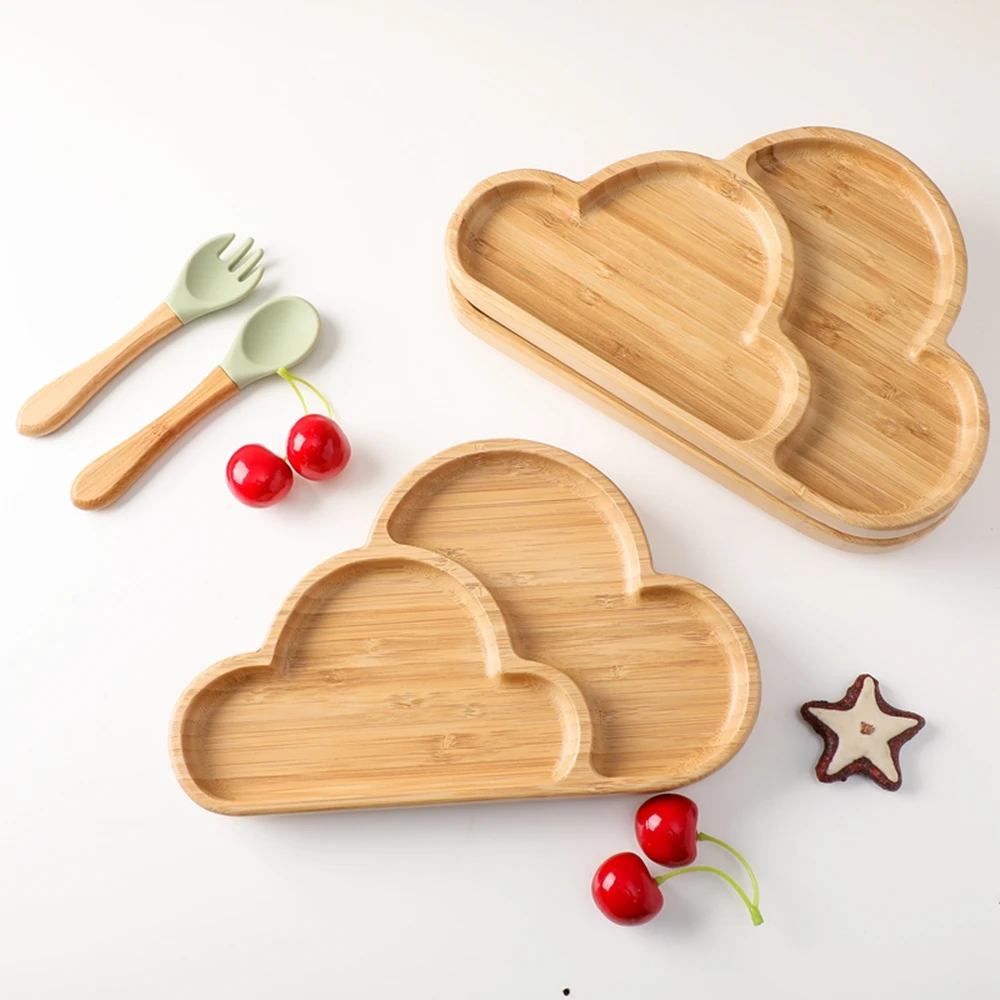 

Bite Bites 2Pcs/1Set Baby Feeding Cartoon Cloud Bamboo Dinner Plate Silicone Suction Cup Wooden Spoon Kid Personalized Gifts