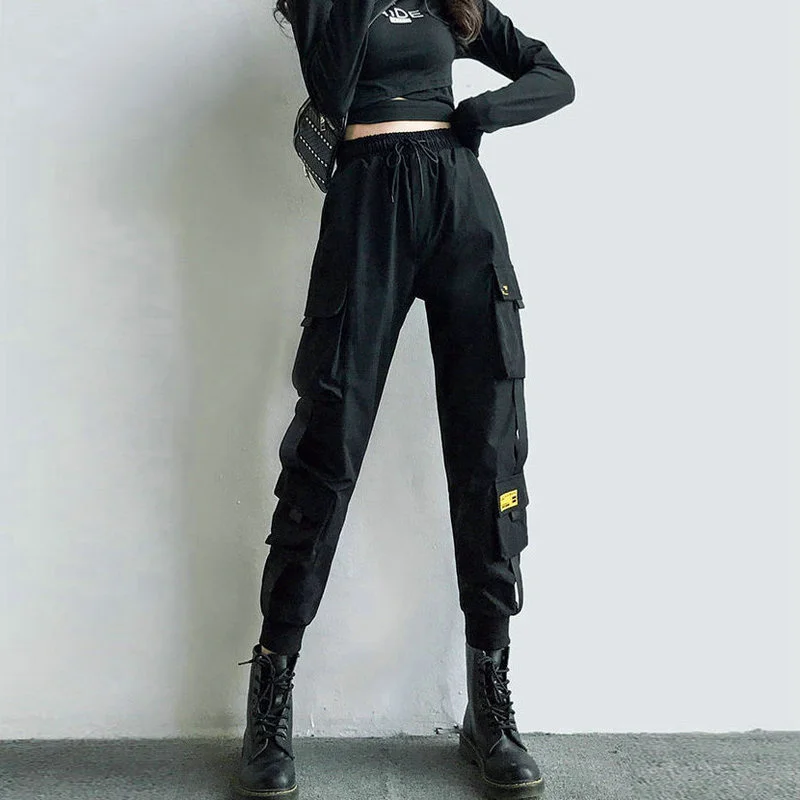 

Брюки-карго женские с эластичным поясом, джоггеры с карманами из черной ленты, уличная одежда, брюки-султанки в стиле панк