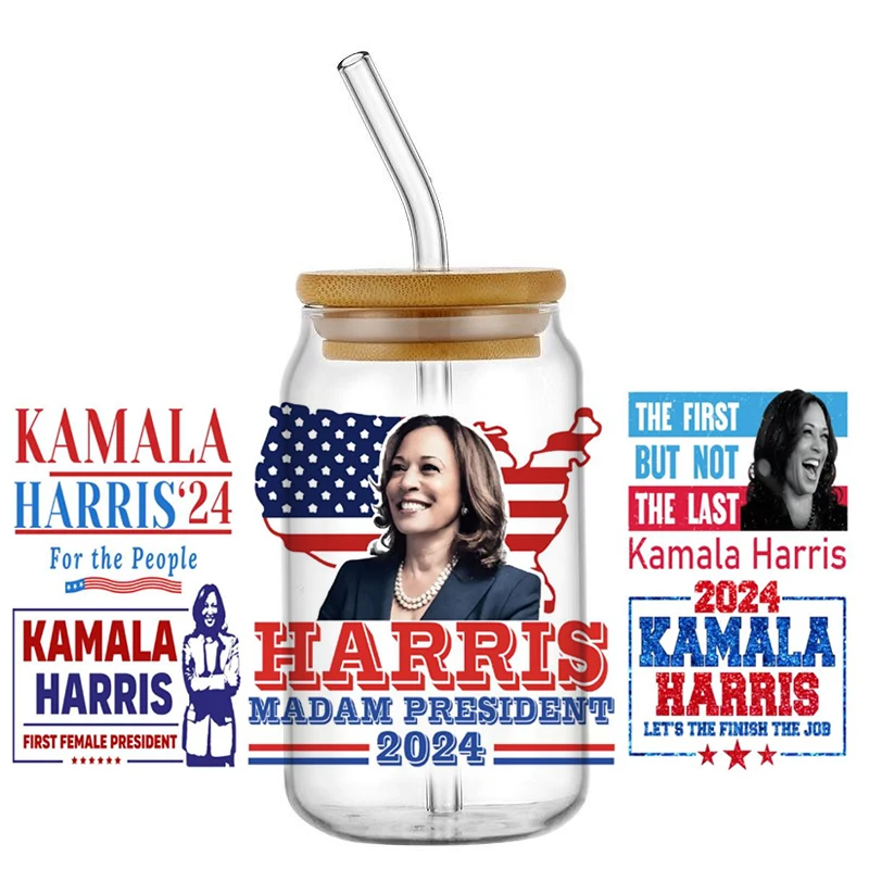 Предназначенная 3D Наклейка Vice President Harris 16 Унций UVDTF Для Стеклянной Кофейной