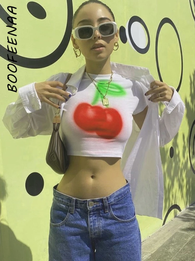 

BOOFEENAA Cherry Printed White Crop Top Cute Sexy Baby Tee Y2k Graphic T Shirts Streetwear Summer Clothes for Women C83-BB13