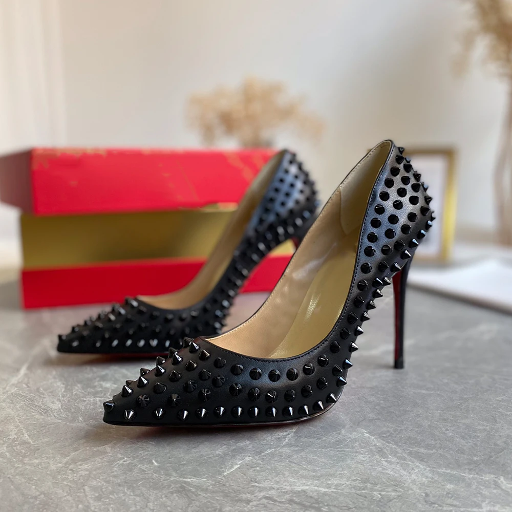 

Luxury Punk Full Rivet Spikes Women High Heels Pointed Toe Stiletto Pumps Heels For Sexy Ladies Wedding Party Shoes Large Size