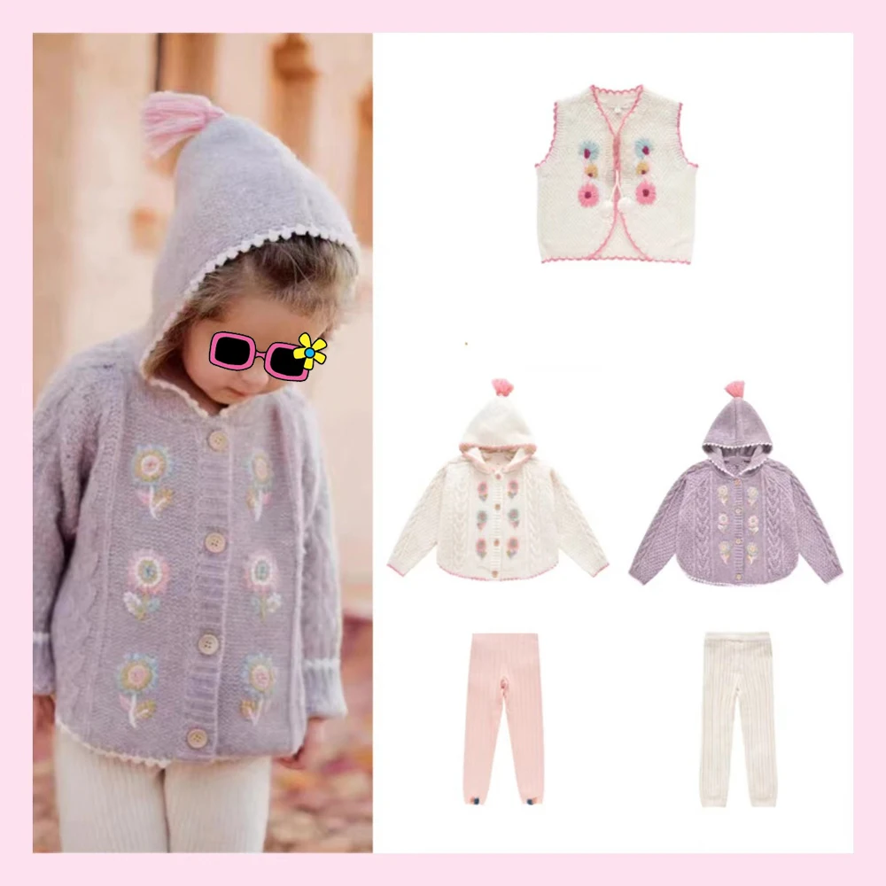 Детский комплект одежды 2023 Зимний вязаный Топ и штаны для девочек накидка с
