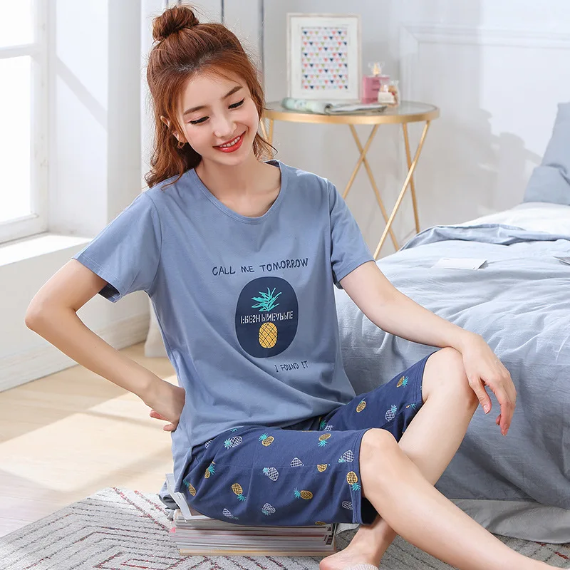 

New summer loose pajamas women set woman 2 pieces cotton short-sleeved cropped pants plus size home clothes can be worn outside