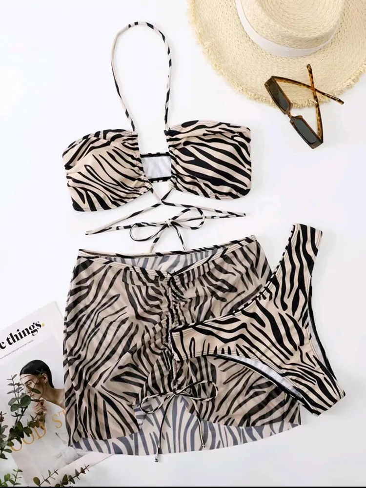 

3pack Zebra Stripe Bikini Women Lace Up Swimsuit Beach Skirt 2023 Swimwear Female Padded Bathing Suit Swimming Beachwear Summer