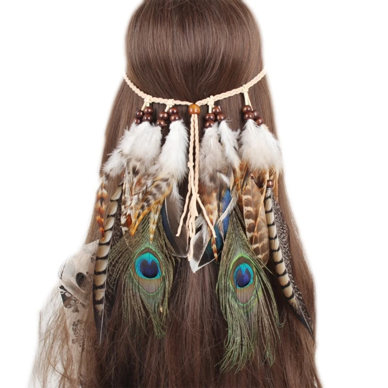 

Повязка на голову с перьями, индийский головной убор, богемные кисточки, головной убор с деревянными бусинами, костюм, головной
