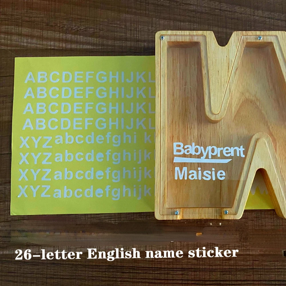 Деревянная копилка с 26 буквами и именной наклейкой персонализированная